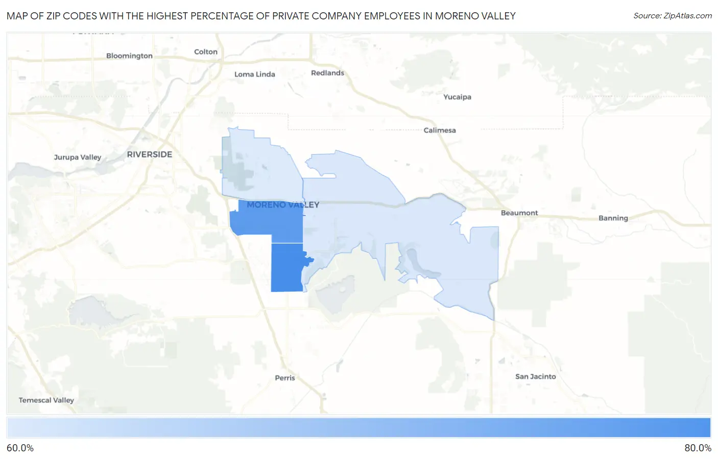 Zip Codes with the Highest Percentage of Private Company Employees in Moreno Valley Map