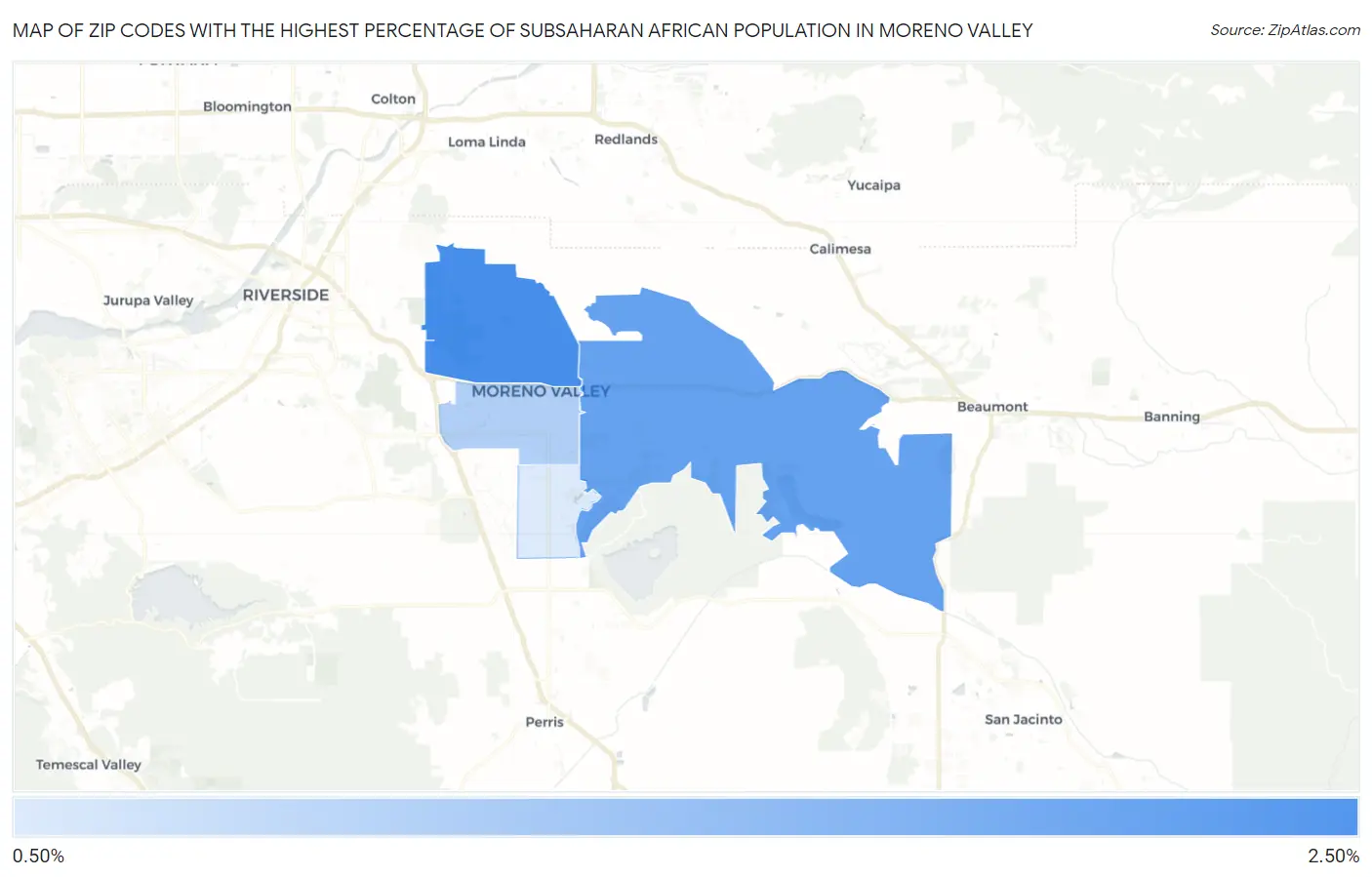 Zip Codes with the Highest Percentage of Subsaharan African Population in Moreno Valley Map
