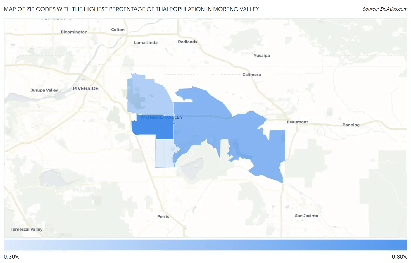 Zip Codes with the Highest Percentage of Thai Population in Moreno Valley Map