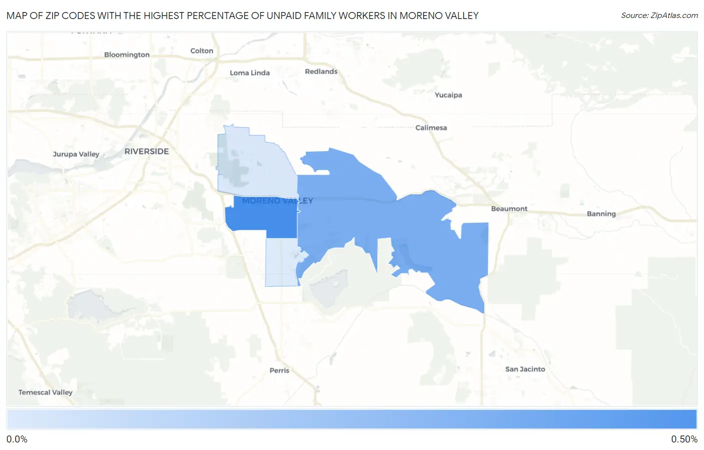 Zip Codes with the Highest Percentage of Unpaid Family Workers in Moreno Valley Map
