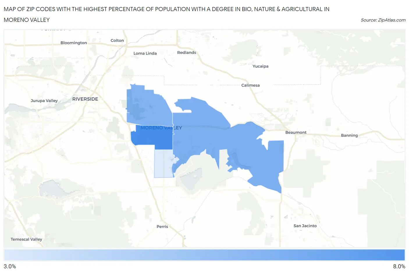 Zip Codes with the Highest Percentage of Population with a Degree in Bio, Nature & Agricultural in Moreno Valley Map