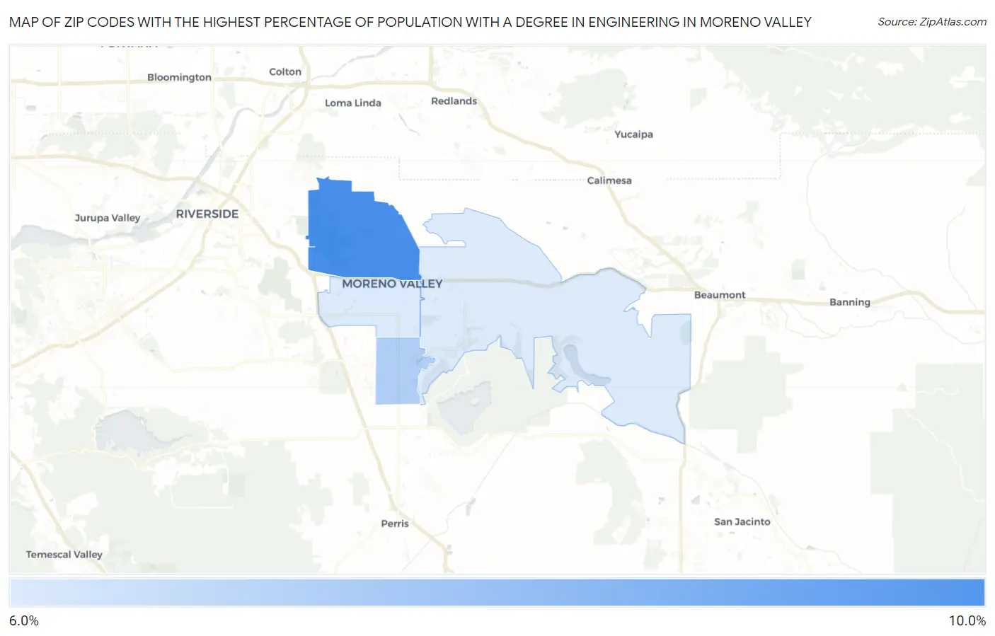 Zip Codes with the Highest Percentage of Population with a Degree in Engineering in Moreno Valley Map