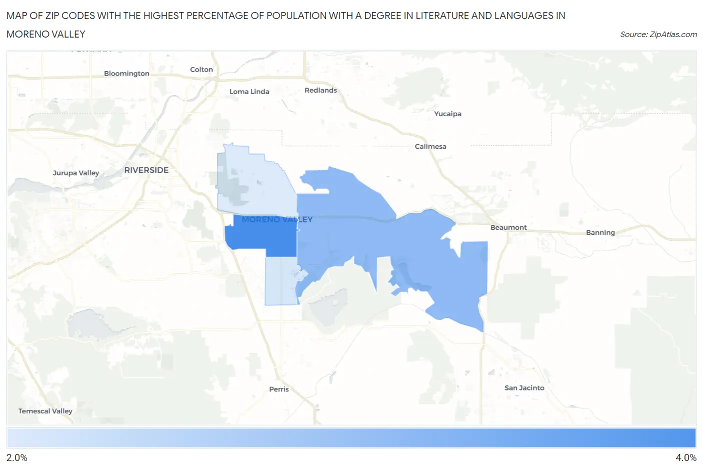 Zip Codes with the Highest Percentage of Population with a Degree in Literature and Languages in Moreno Valley Map