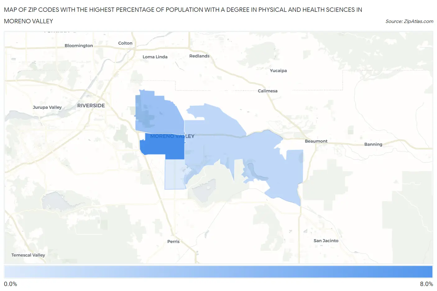 Zip Codes with the Highest Percentage of Population with a Degree in Physical and Health Sciences in Moreno Valley Map