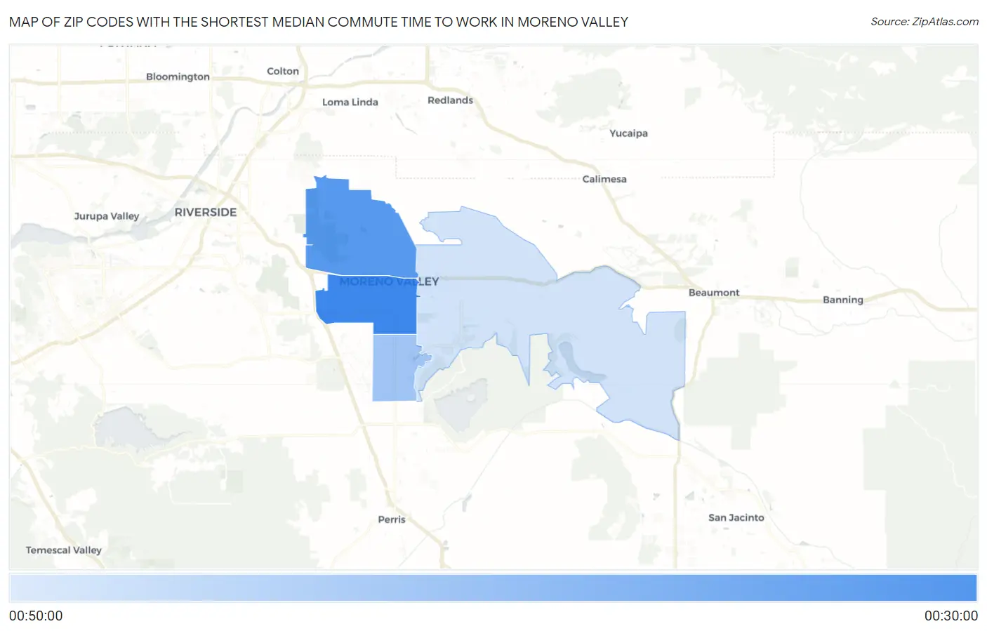 Zip Codes with the Shortest Median Commute Time to Work in Moreno Valley Map