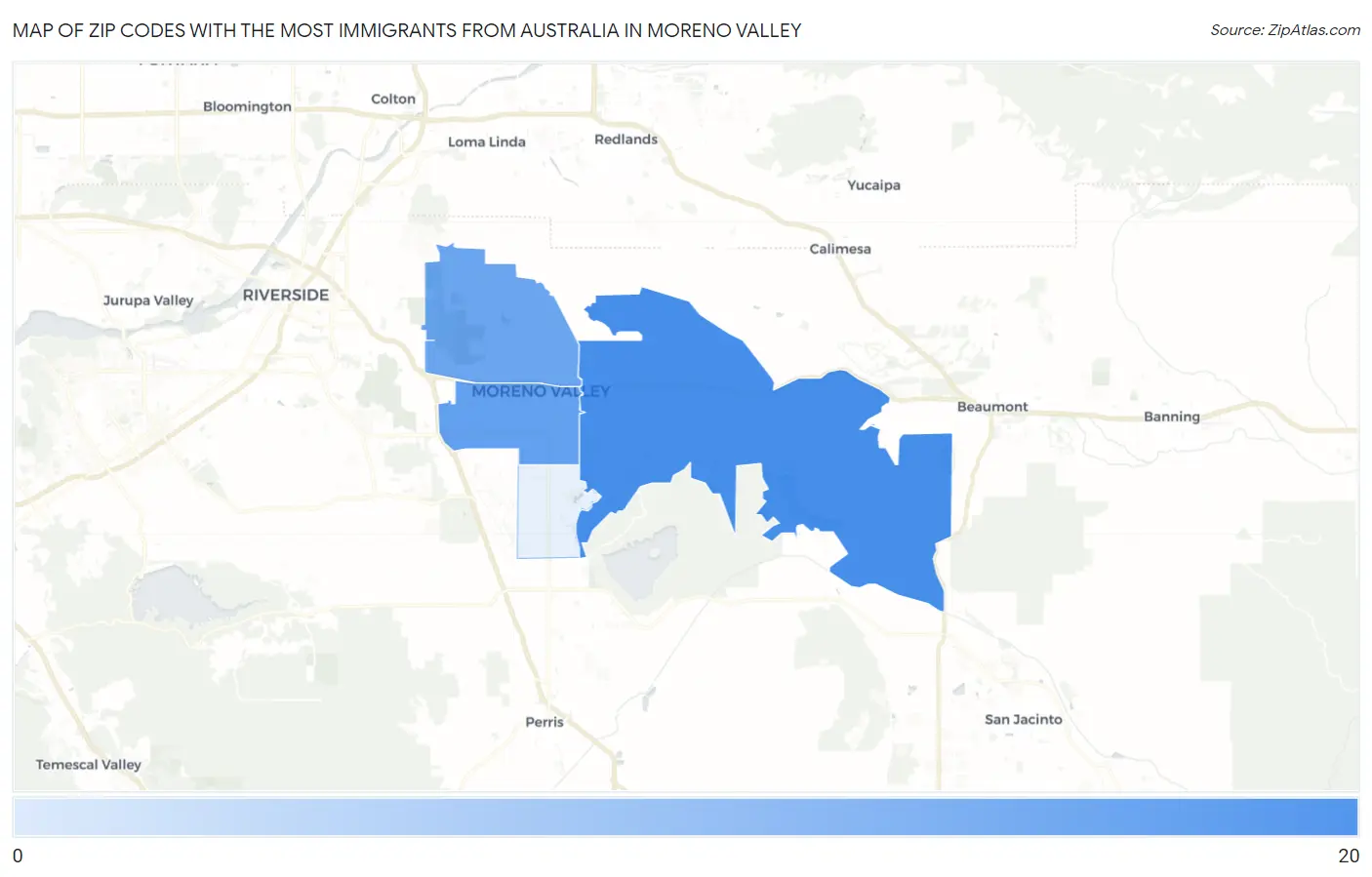 Zip Codes with the Most Immigrants from Australia in Moreno Valley Map