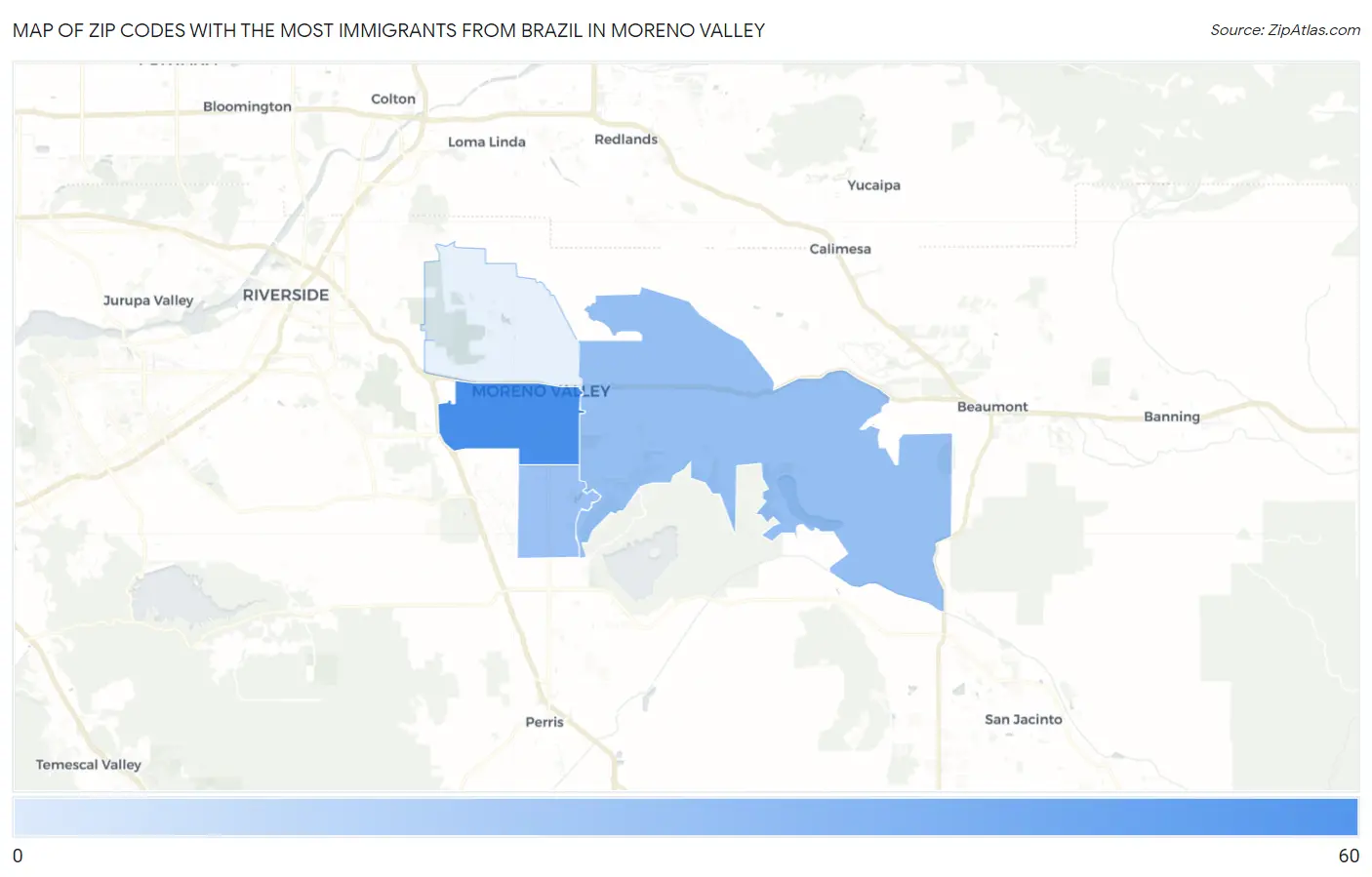 Zip Codes with the Most Immigrants from Brazil in Moreno Valley Map