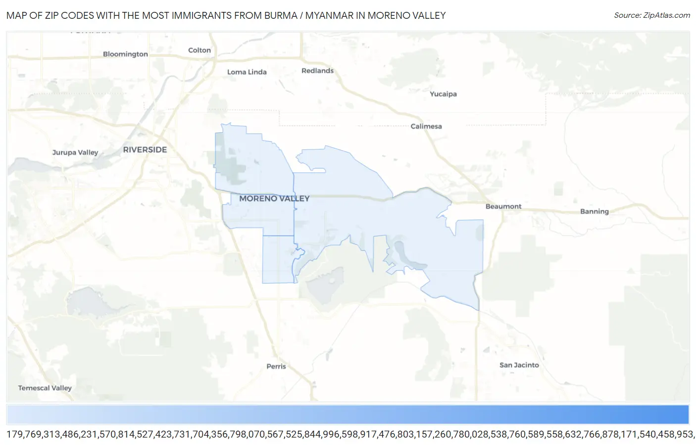Zip Codes with the Most Immigrants from Burma / Myanmar in Moreno Valley Map