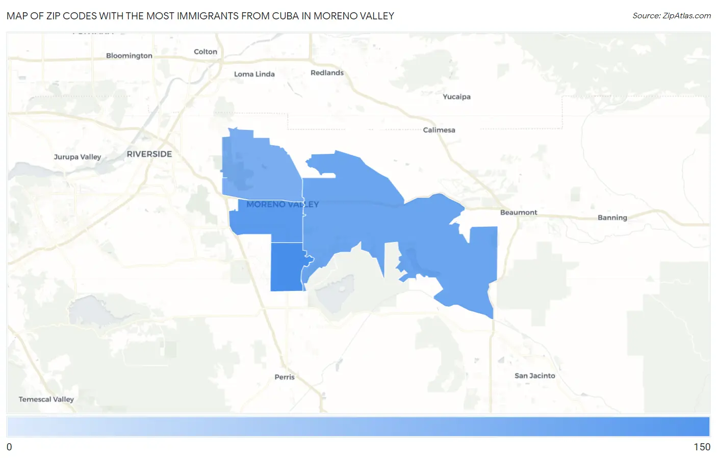 Zip Codes with the Most Immigrants from Cuba in Moreno Valley Map