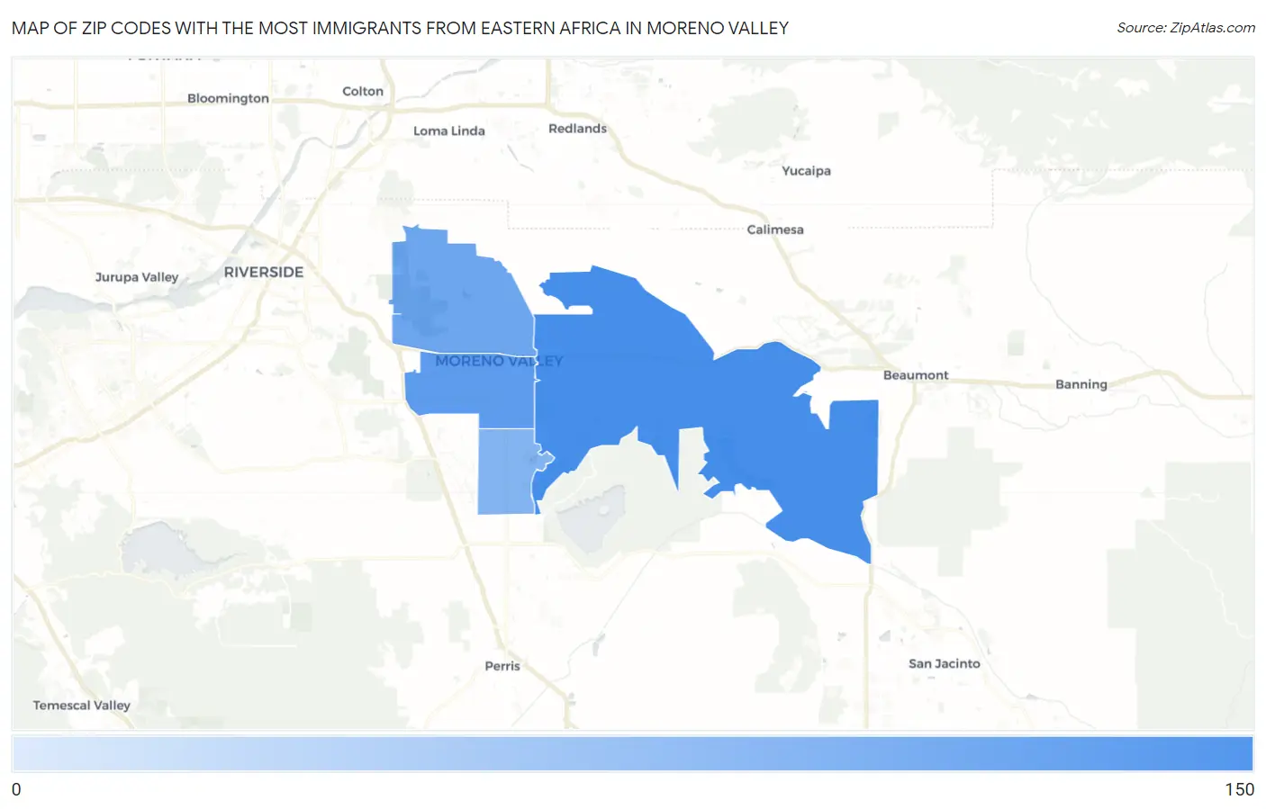 Zip Codes with the Most Immigrants from Eastern Africa in Moreno Valley Map