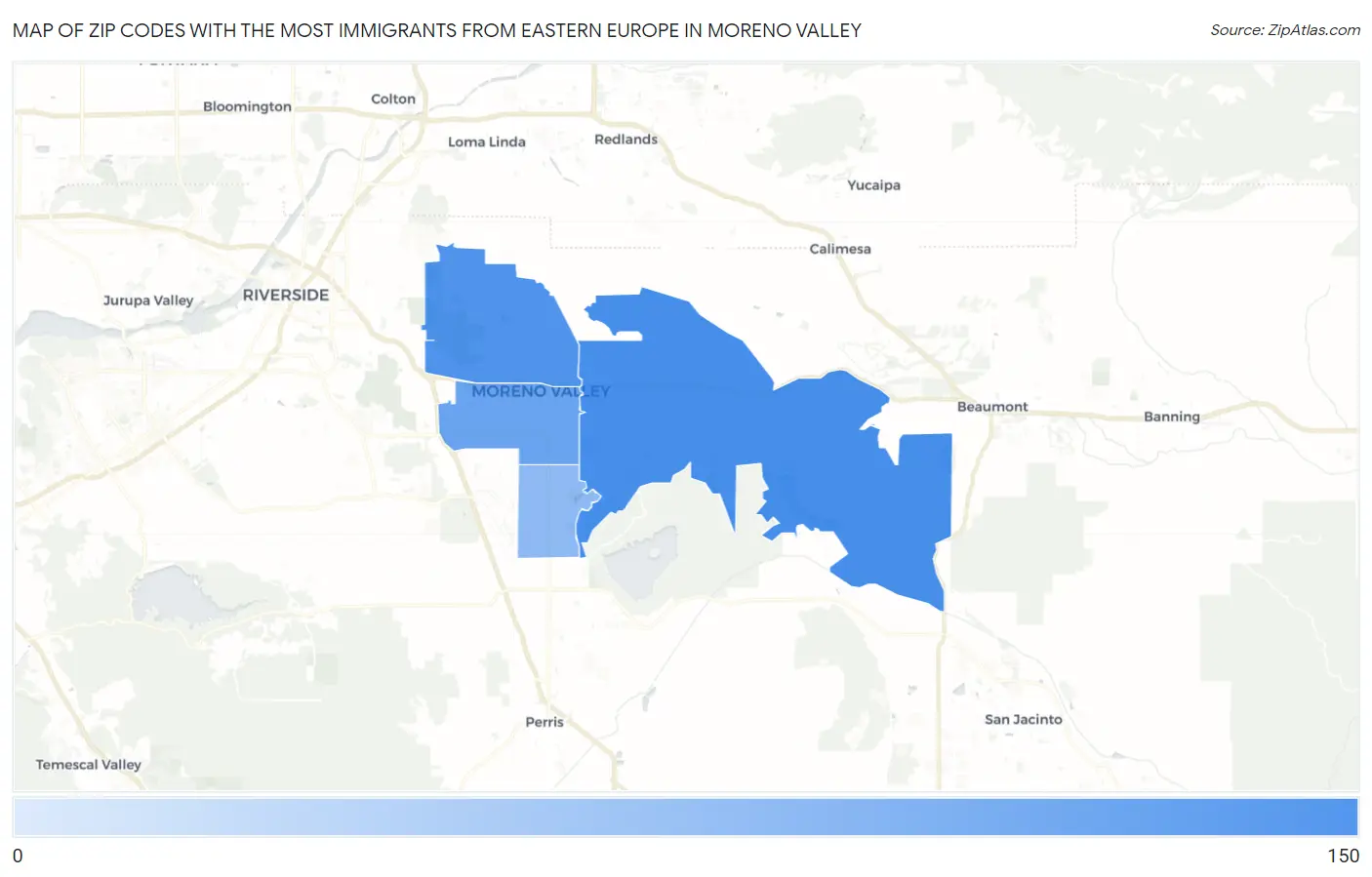 Zip Codes with the Most Immigrants from Eastern Europe in Moreno Valley Map