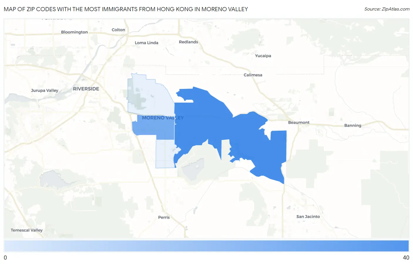 Zip Codes with the Most Immigrants from Hong Kong in Moreno Valley Map