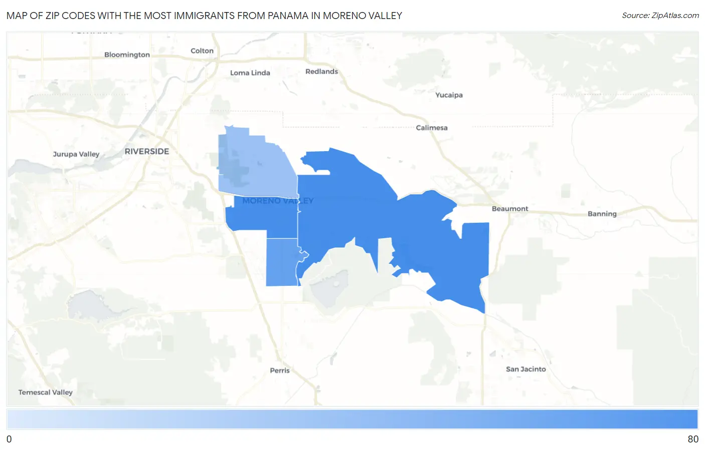 Zip Codes with the Most Immigrants from Panama in Moreno Valley Map