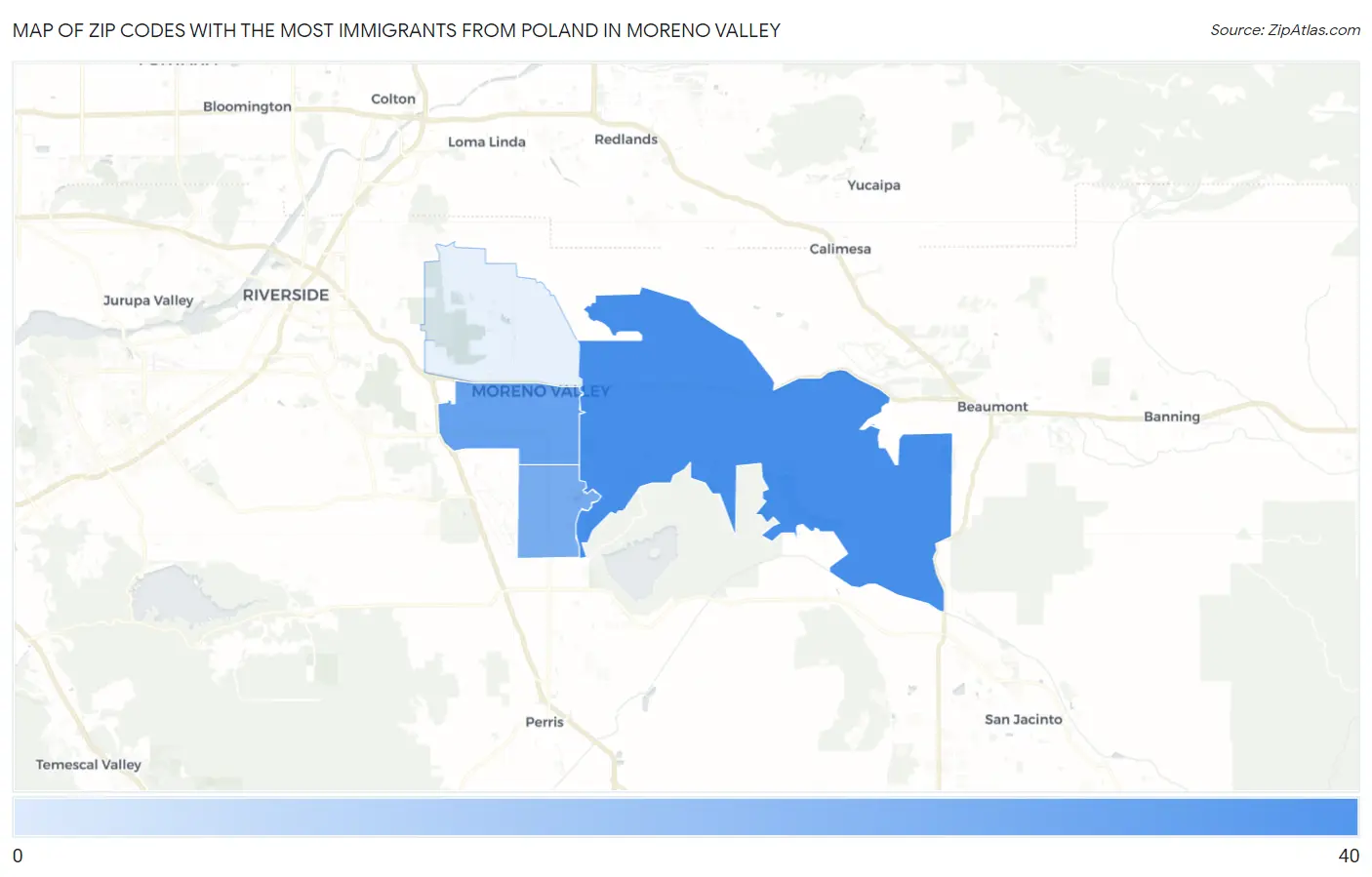 Zip Codes with the Most Immigrants from Poland in Moreno Valley Map