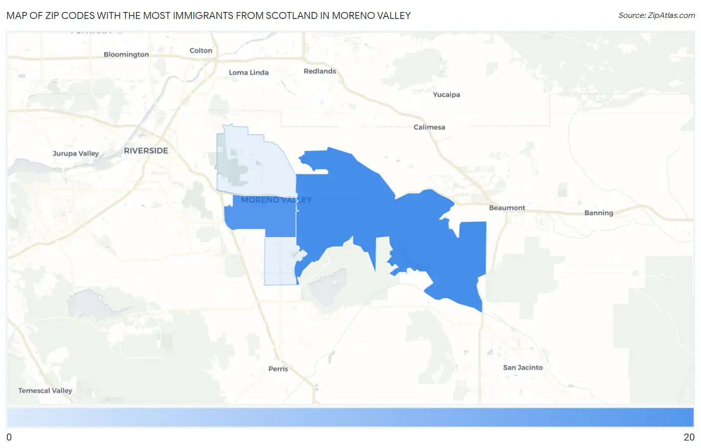 Zip Codes with the Most Immigrants from Scotland in Moreno Valley Map