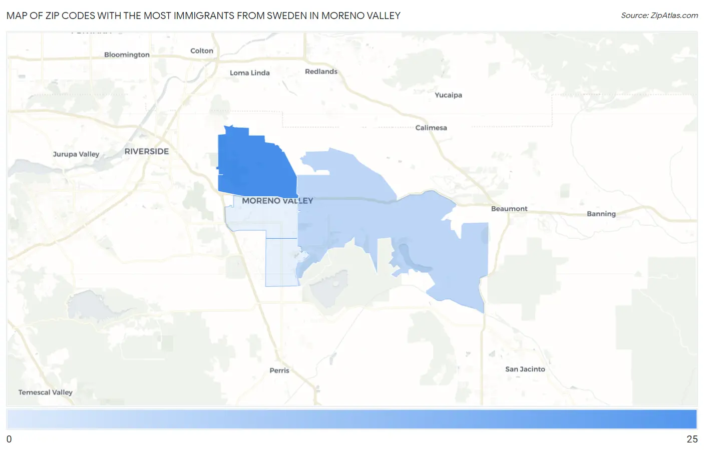 Zip Codes with the Most Immigrants from Sweden in Moreno Valley Map