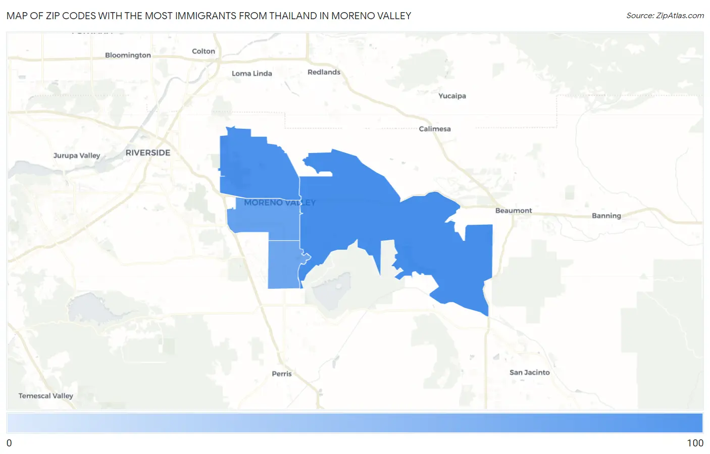 Zip Codes with the Most Immigrants from Thailand in Moreno Valley Map