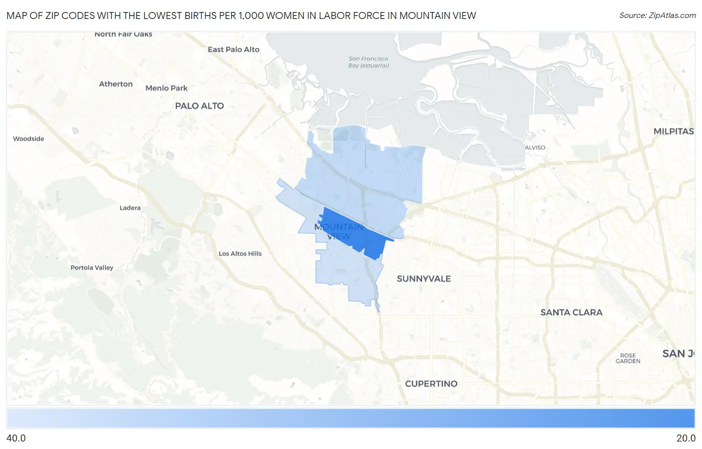 Zip Codes with the Lowest Births per 1,000 Women in Labor Force in Mountain View Map