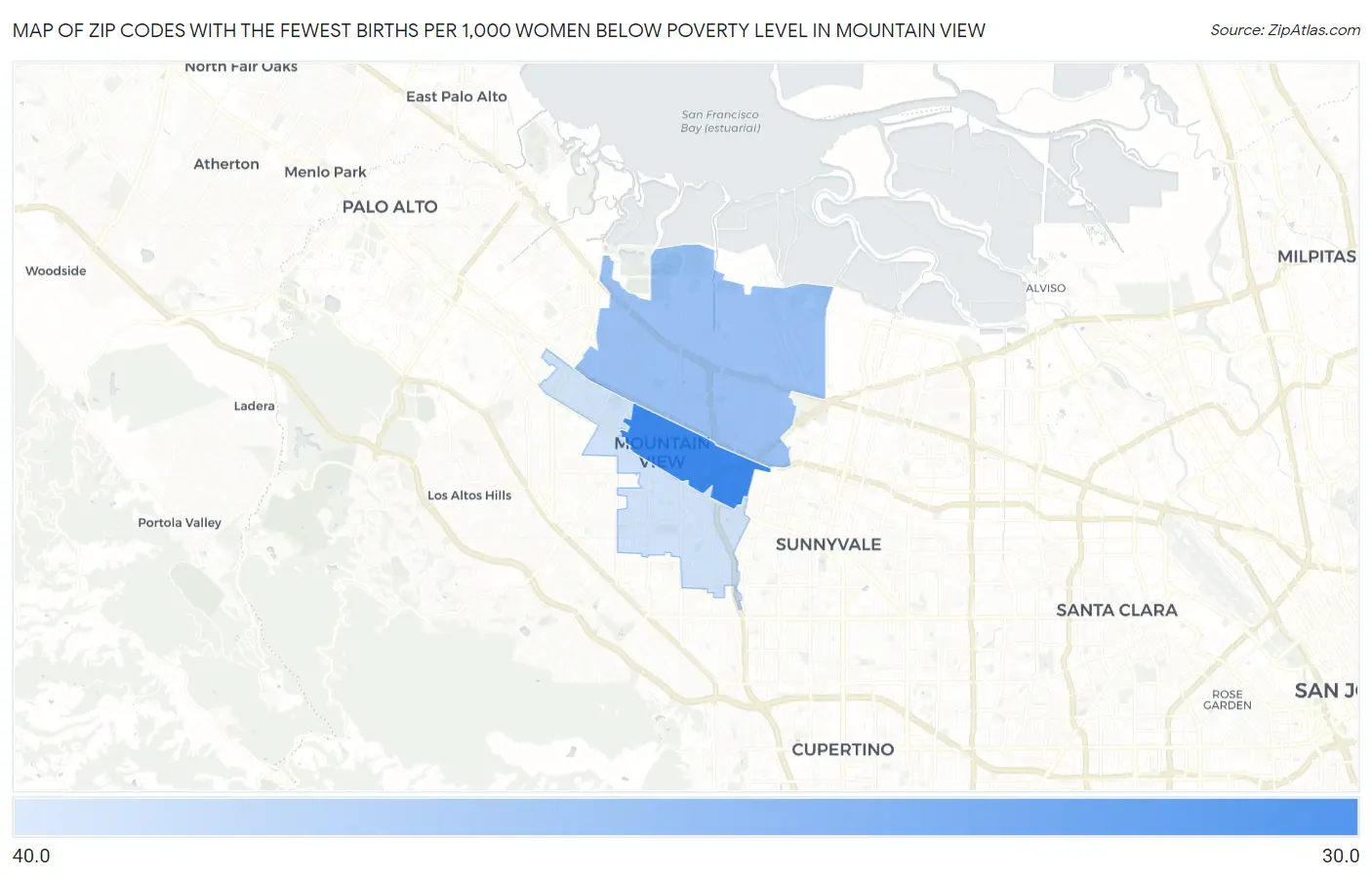 Zip Codes with the Fewest Births per 1,000 Women Below Poverty Level in Mountain View Map