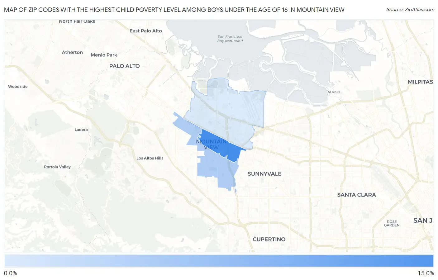 Zip Codes with the Highest Child Poverty Level Among Boys Under the Age of 16 in Mountain View Map