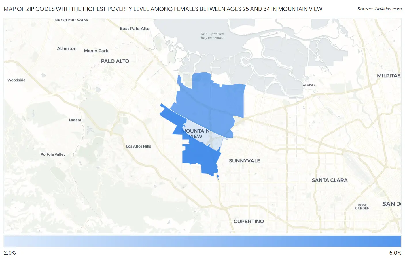 Zip Codes with the Highest Poverty Level Among Females Between Ages 25 and 34 in Mountain View Map