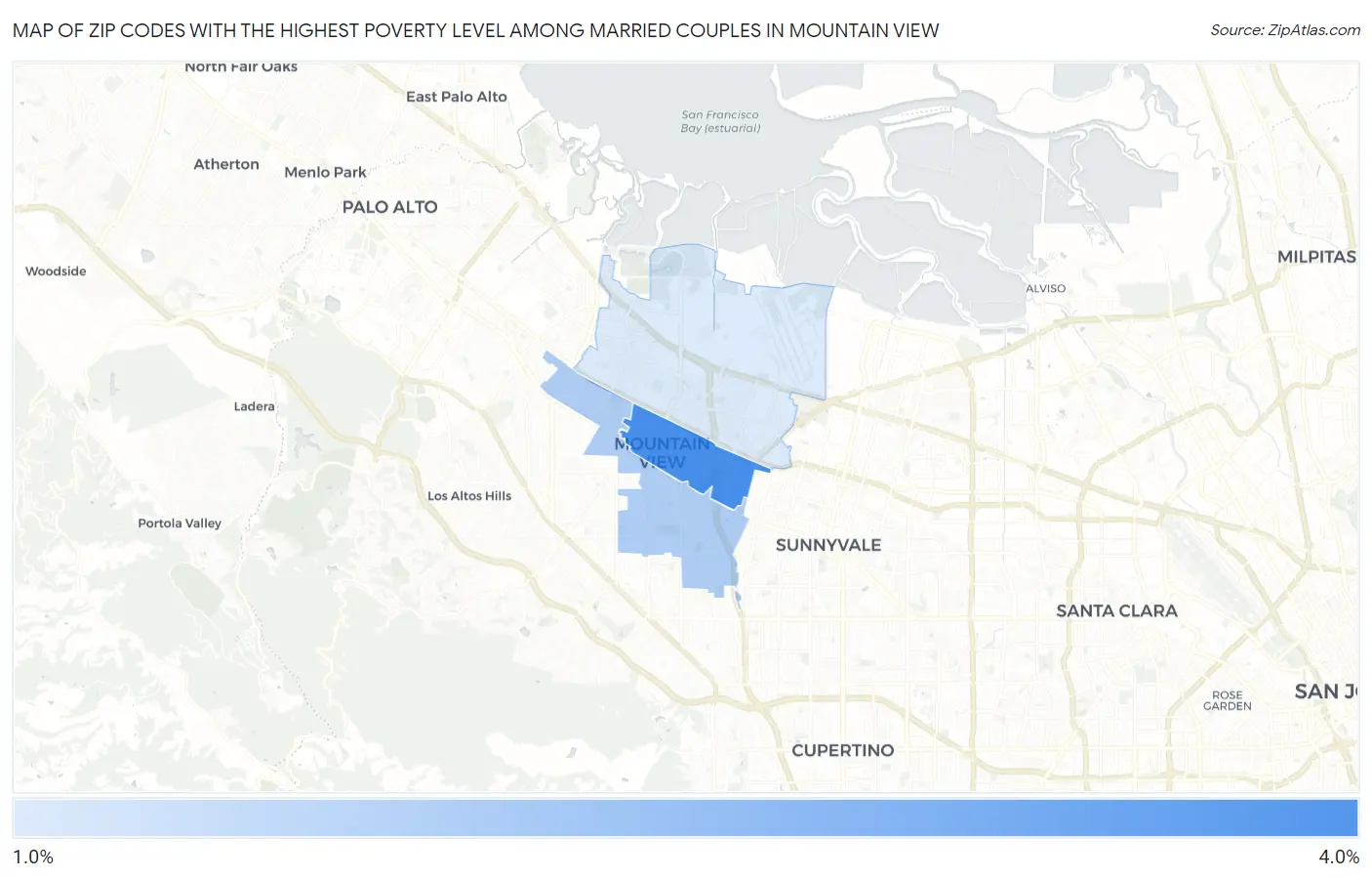 Zip Codes with the Highest Poverty Level Among Married Couples in Mountain View Map