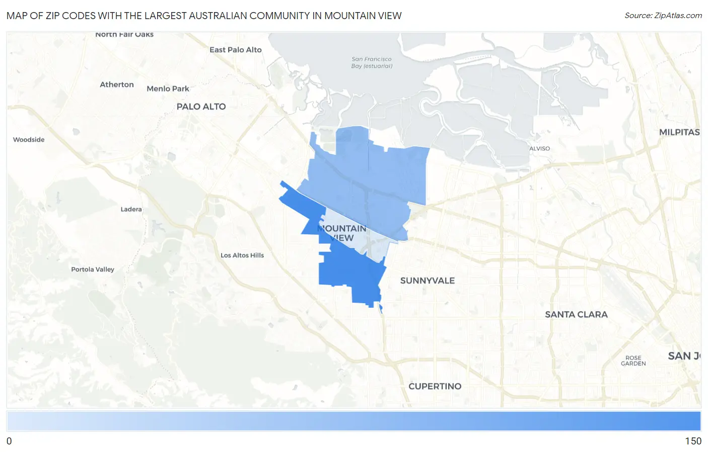 Zip Codes with the Largest Australian Community in Mountain View Map