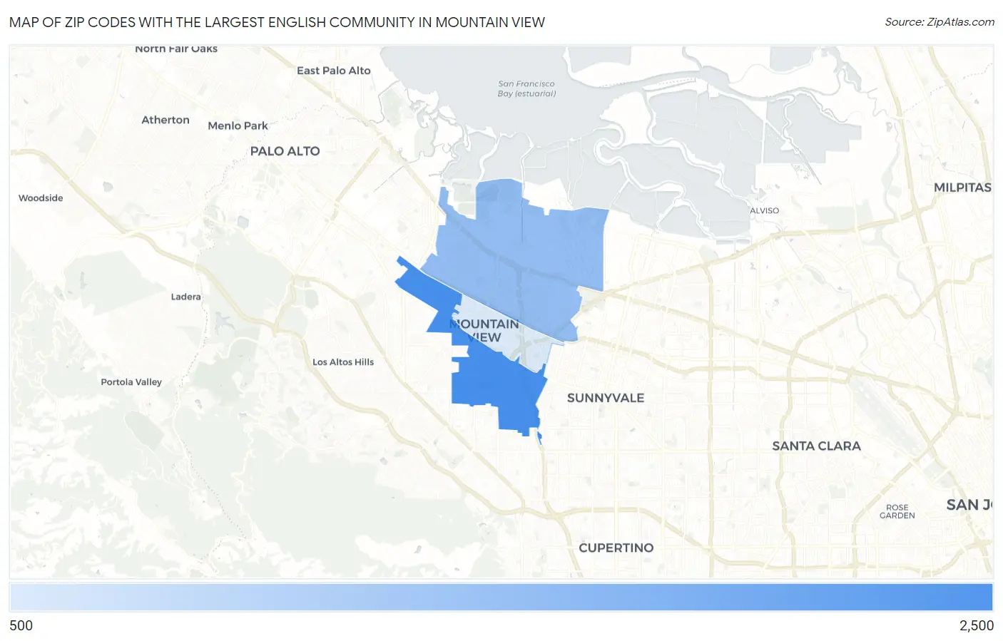 Zip Codes with the Largest English Community in Mountain View Map
