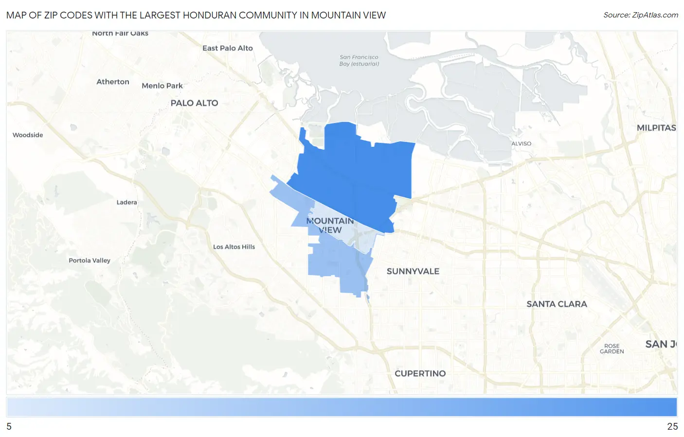 Zip Codes with the Largest Honduran Community in Mountain View Map