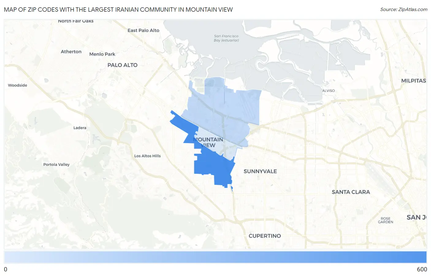 Zip Codes with the Largest Iranian Community in Mountain View Map