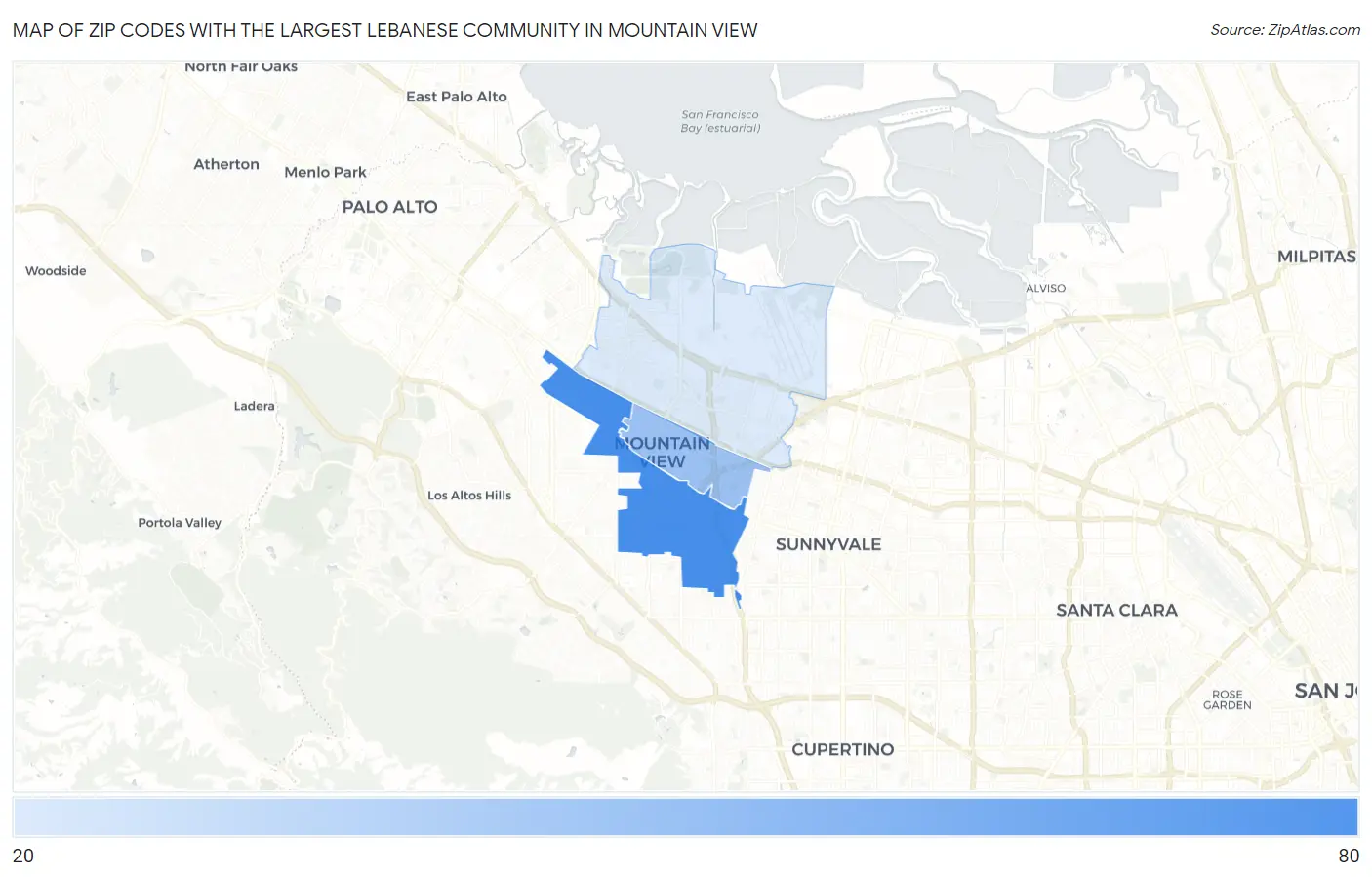 Zip Codes with the Largest Lebanese Community in Mountain View Map
