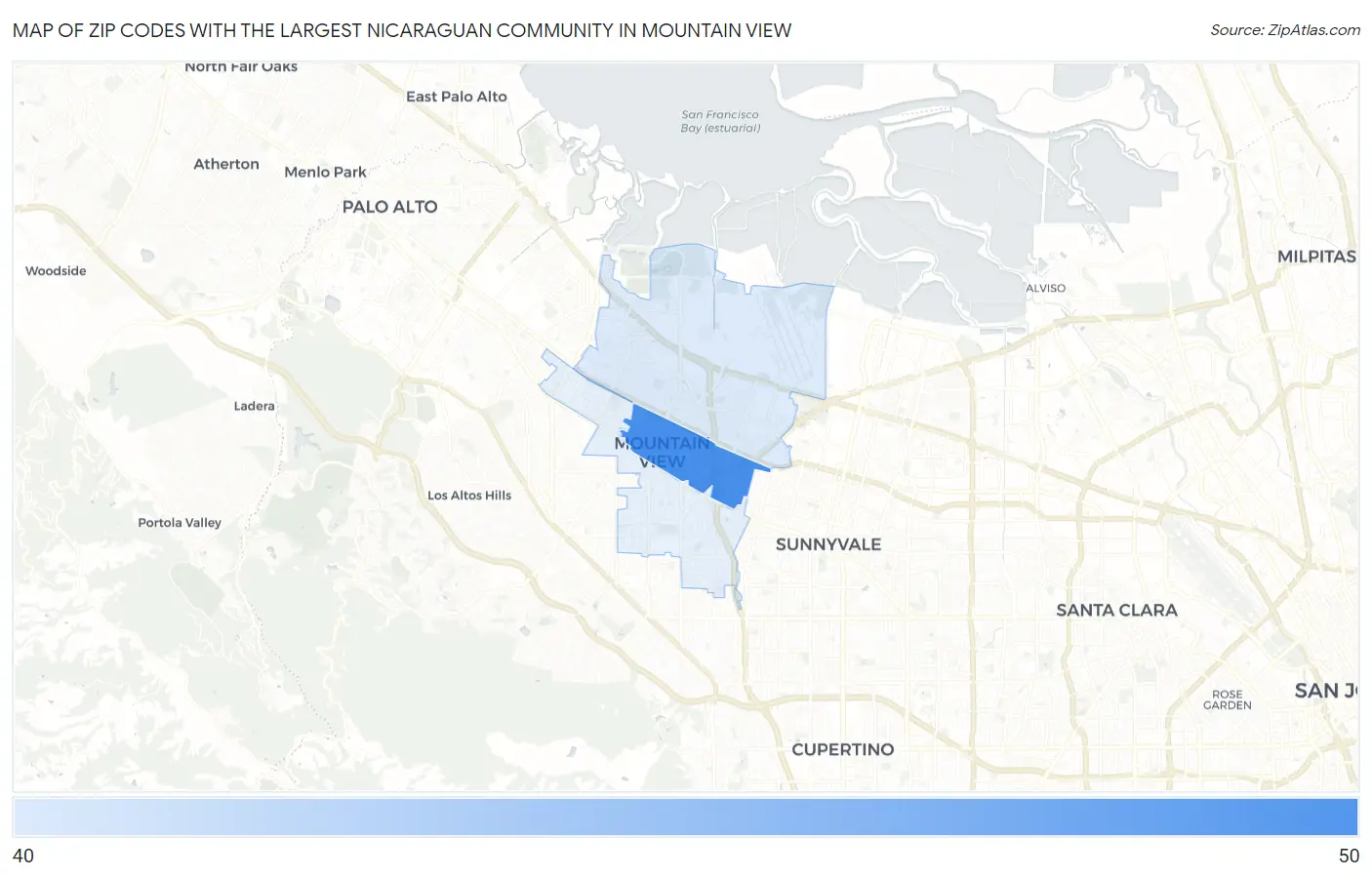 Zip Codes with the Largest Nicaraguan Community in Mountain View Map