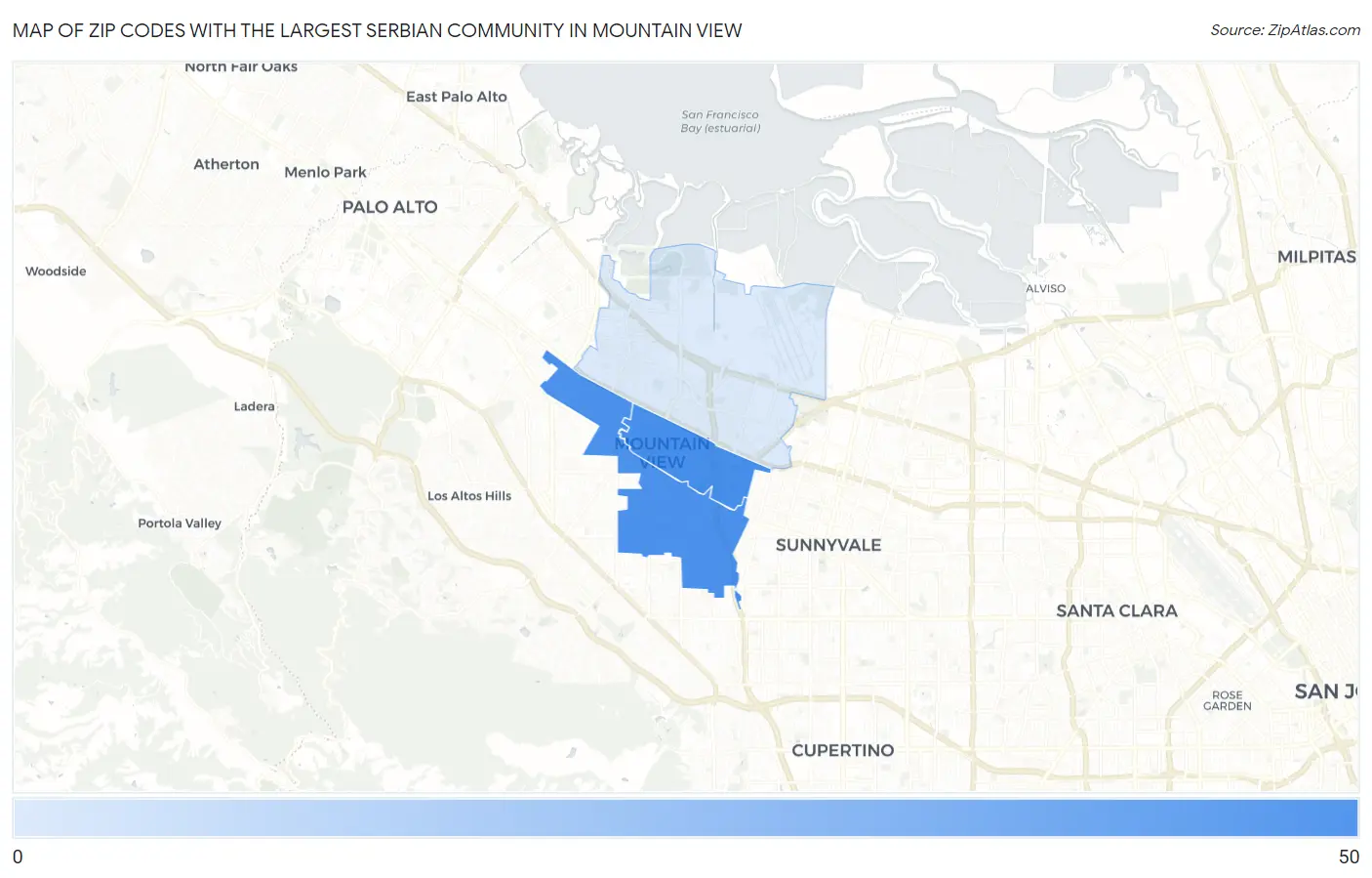 Zip Codes with the Largest Serbian Community in Mountain View Map