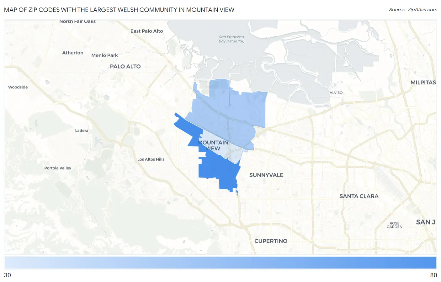 Zip Codes with the Largest Welsh Community in Mountain View Map
