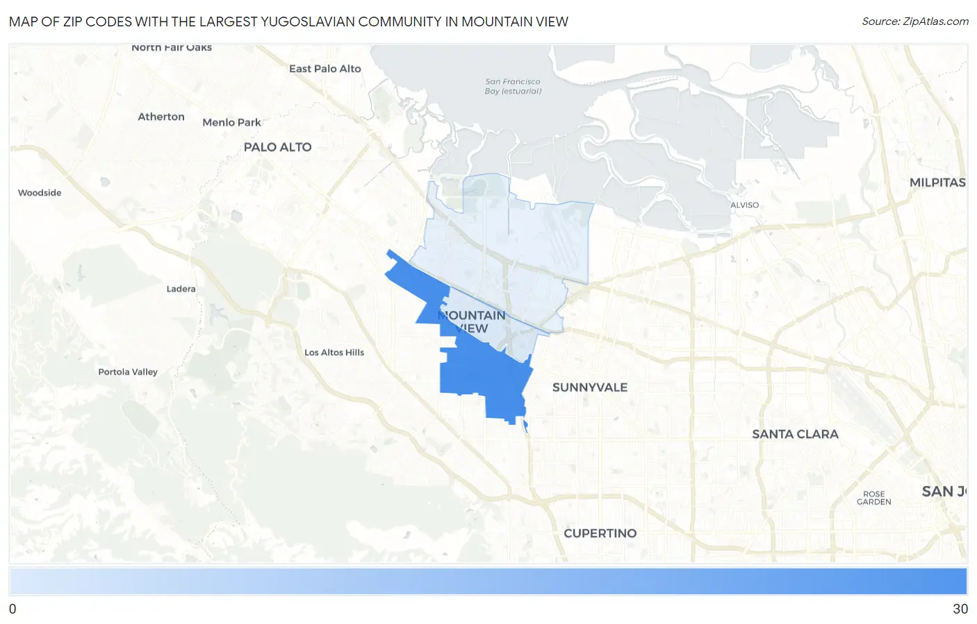 Zip Codes with the Largest Yugoslavian Community in Mountain View Map