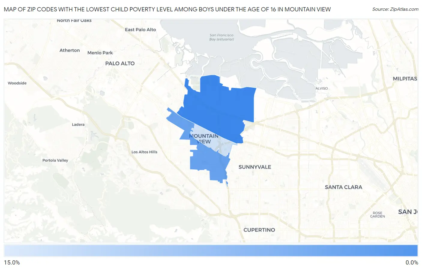 Zip Codes with the Lowest Child Poverty Level Among Boys Under the Age of 16 in Mountain View Map