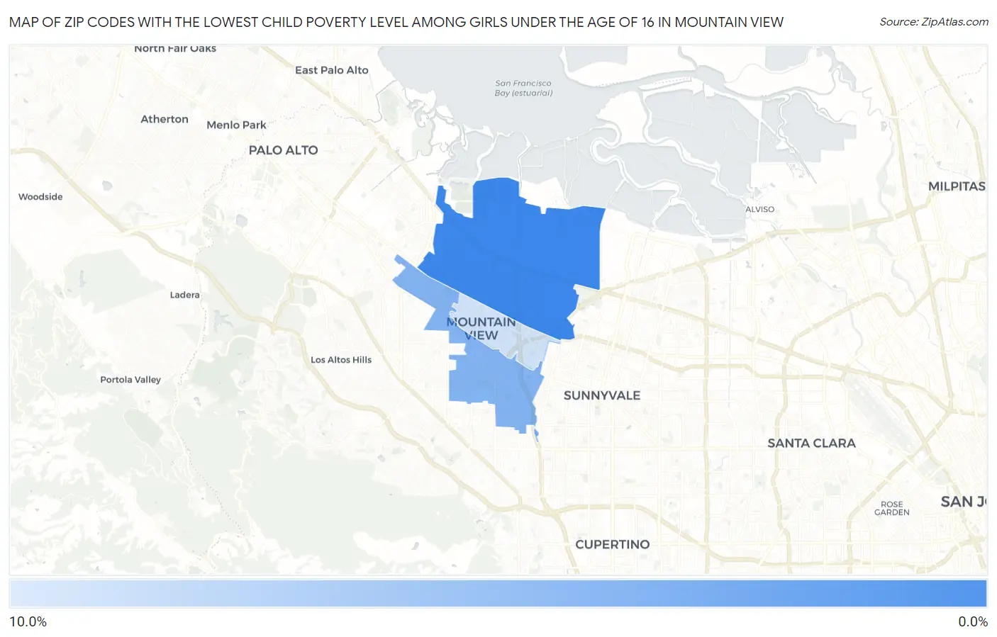 Zip Codes with the Lowest Child Poverty Level Among Girls Under the Age of 16 in Mountain View Map