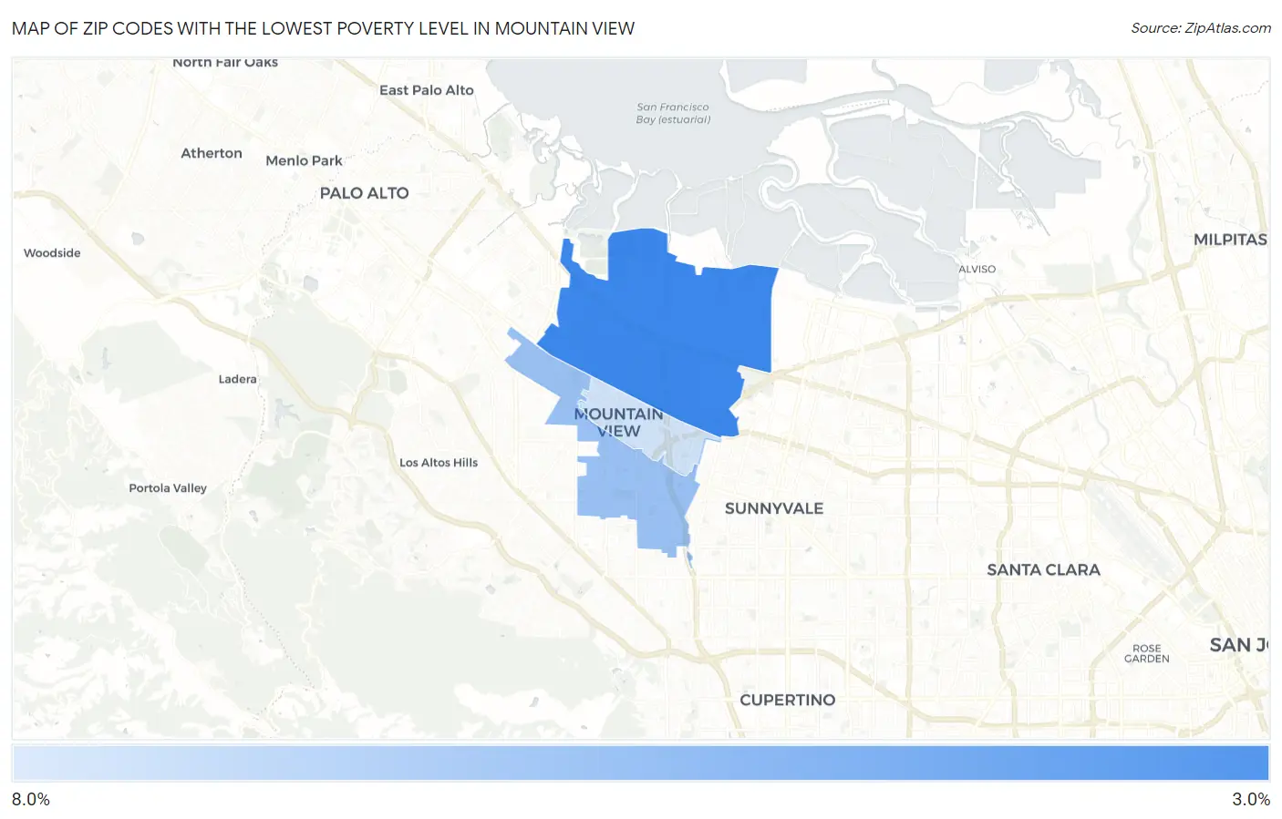 Zip Codes with the Lowest Poverty Level in Mountain View Map