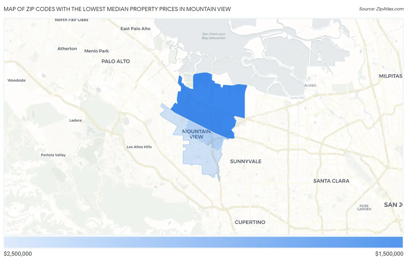 Zip Codes with the Lowest Median Property Prices in Mountain View Map