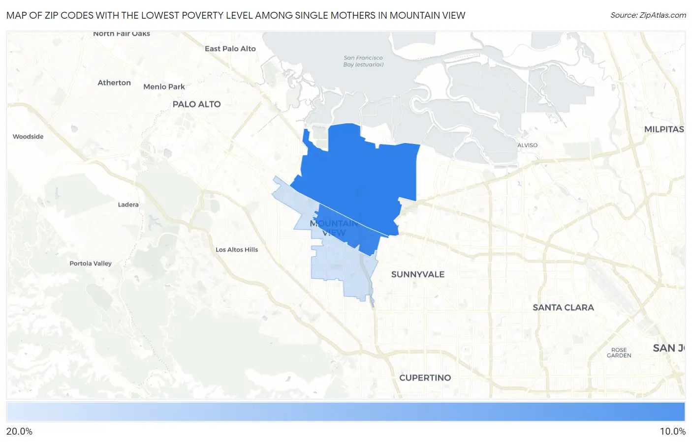 Zip Codes with the Lowest Poverty Level Among Single Mothers in Mountain View Map