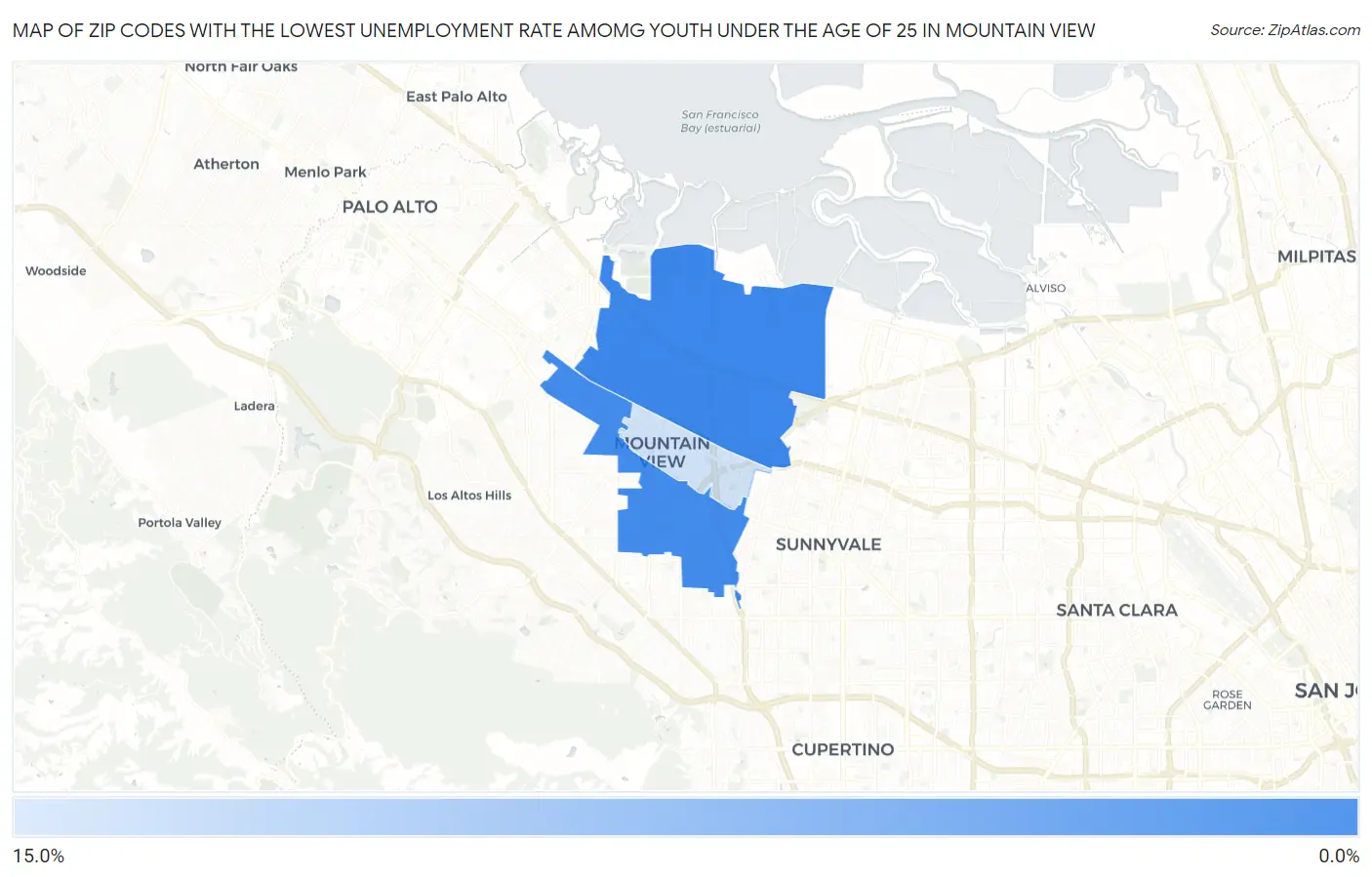 Zip Codes with the Lowest Unemployment Rate Amomg Youth Under the Age of 25 in Mountain View Map