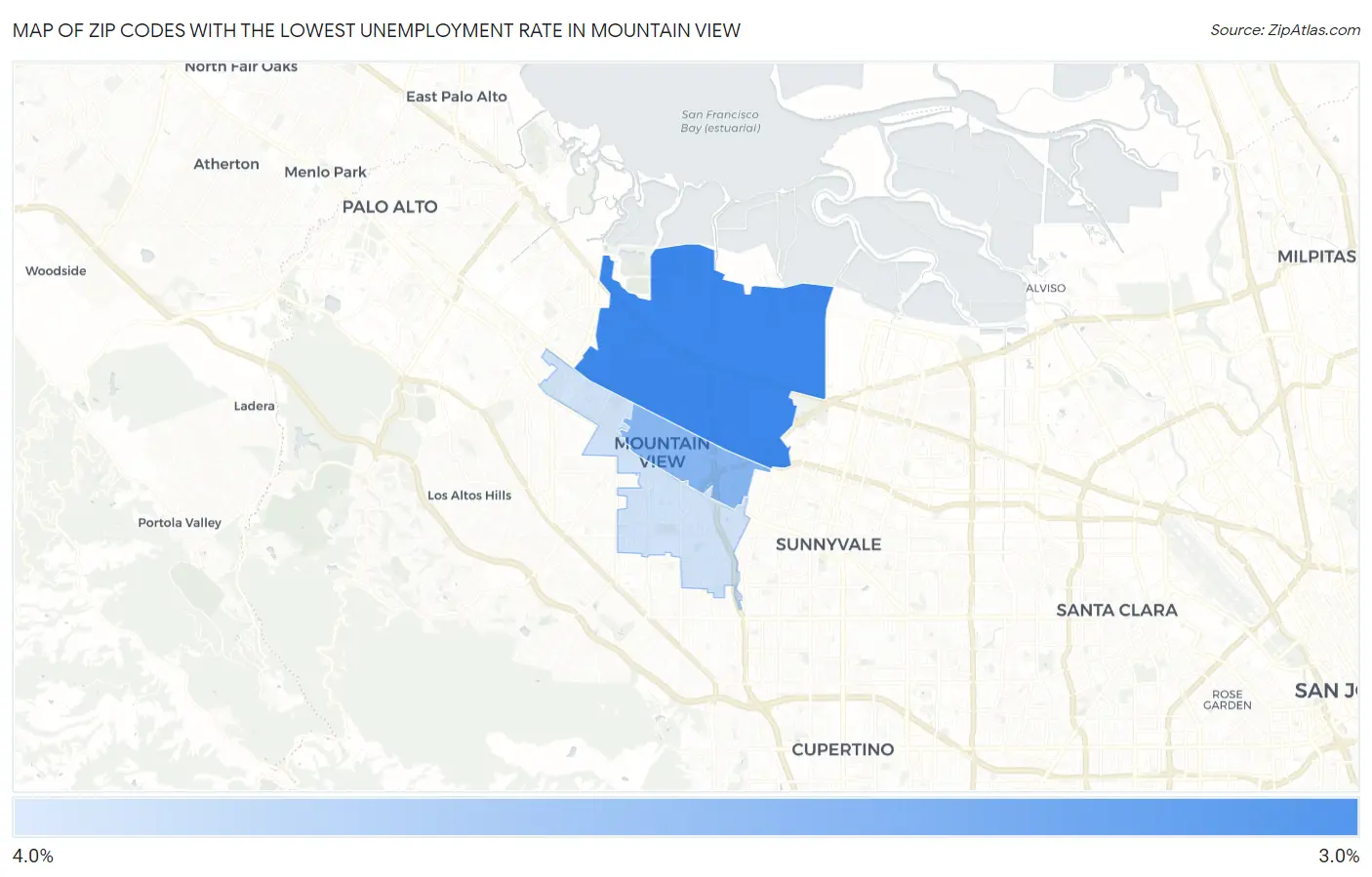 Zip Codes with the Lowest Unemployment Rate in Mountain View Map