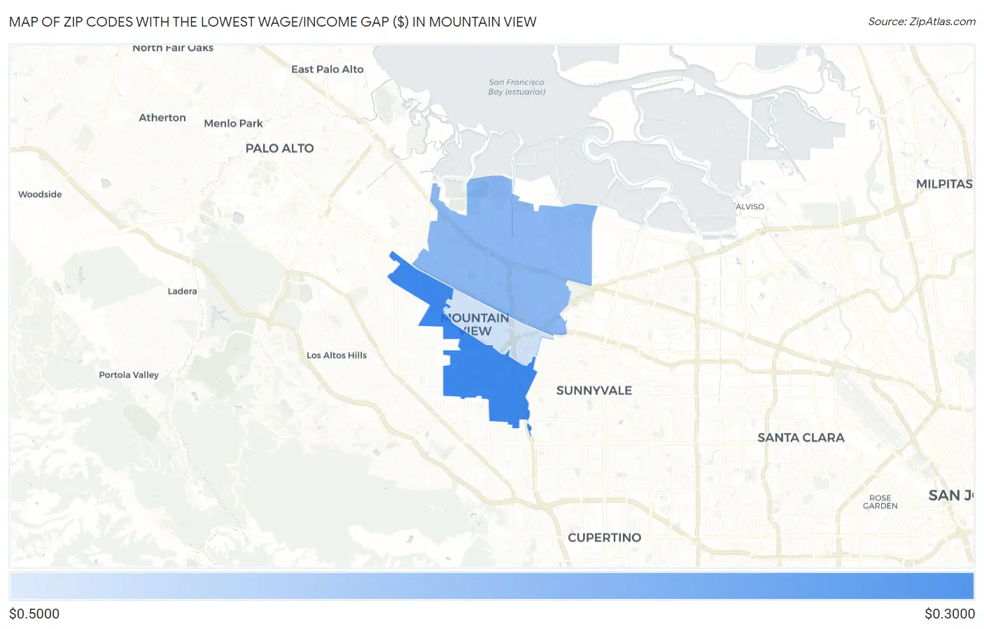 Zip Codes with the Lowest Wage/Income Gap ($) in Mountain View Map