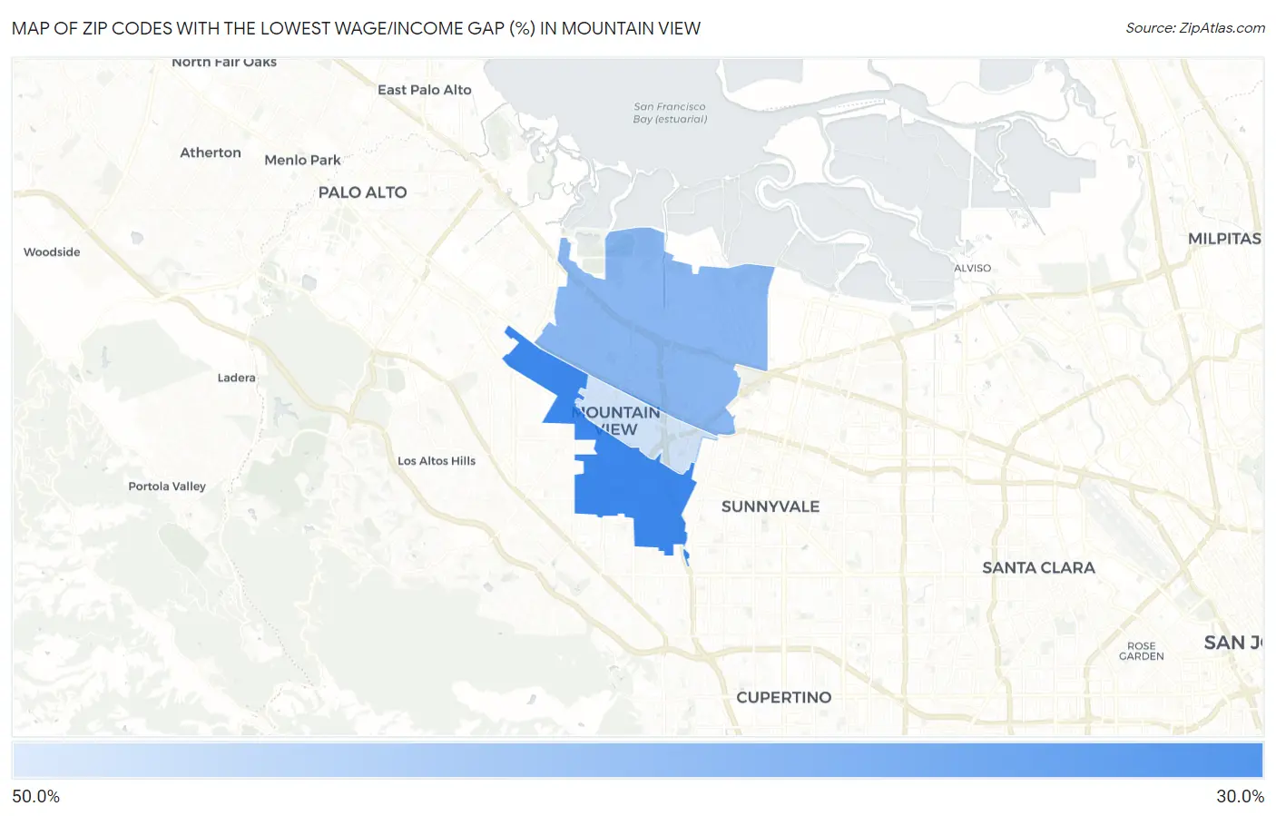 Zip Codes with the Lowest Wage/Income Gap (%) in Mountain View Map
