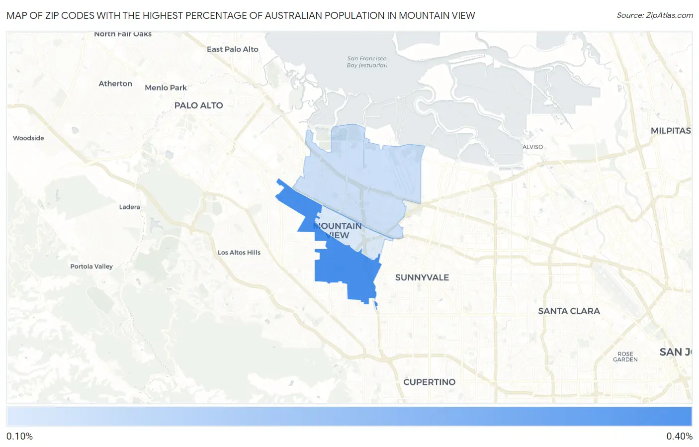 Zip Codes with the Highest Percentage of Australian Population in Mountain View Map