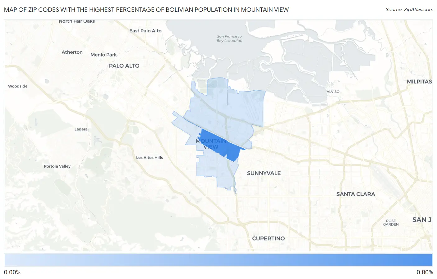 Zip Codes with the Highest Percentage of Bolivian Population in Mountain View Map
