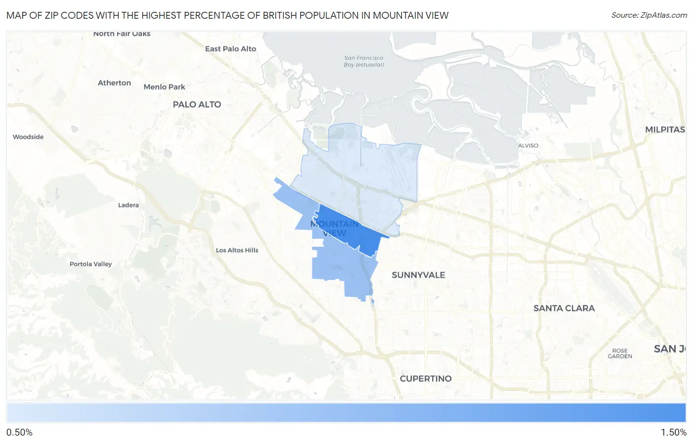 Zip Codes with the Highest Percentage of British Population in Mountain View Map