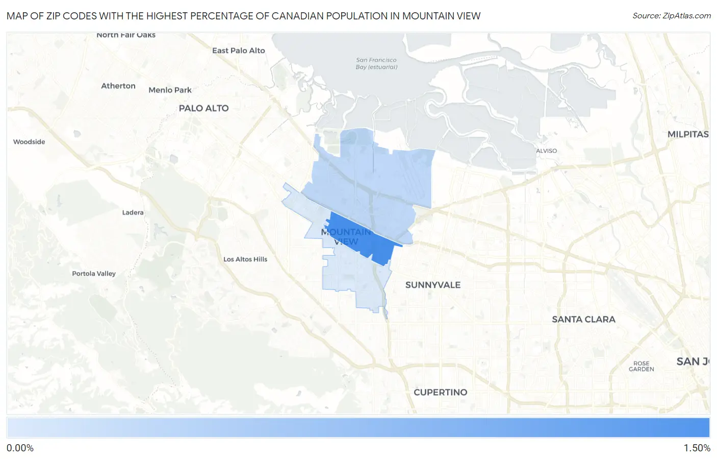 Zip Codes with the Highest Percentage of Canadian Population in Mountain View Map