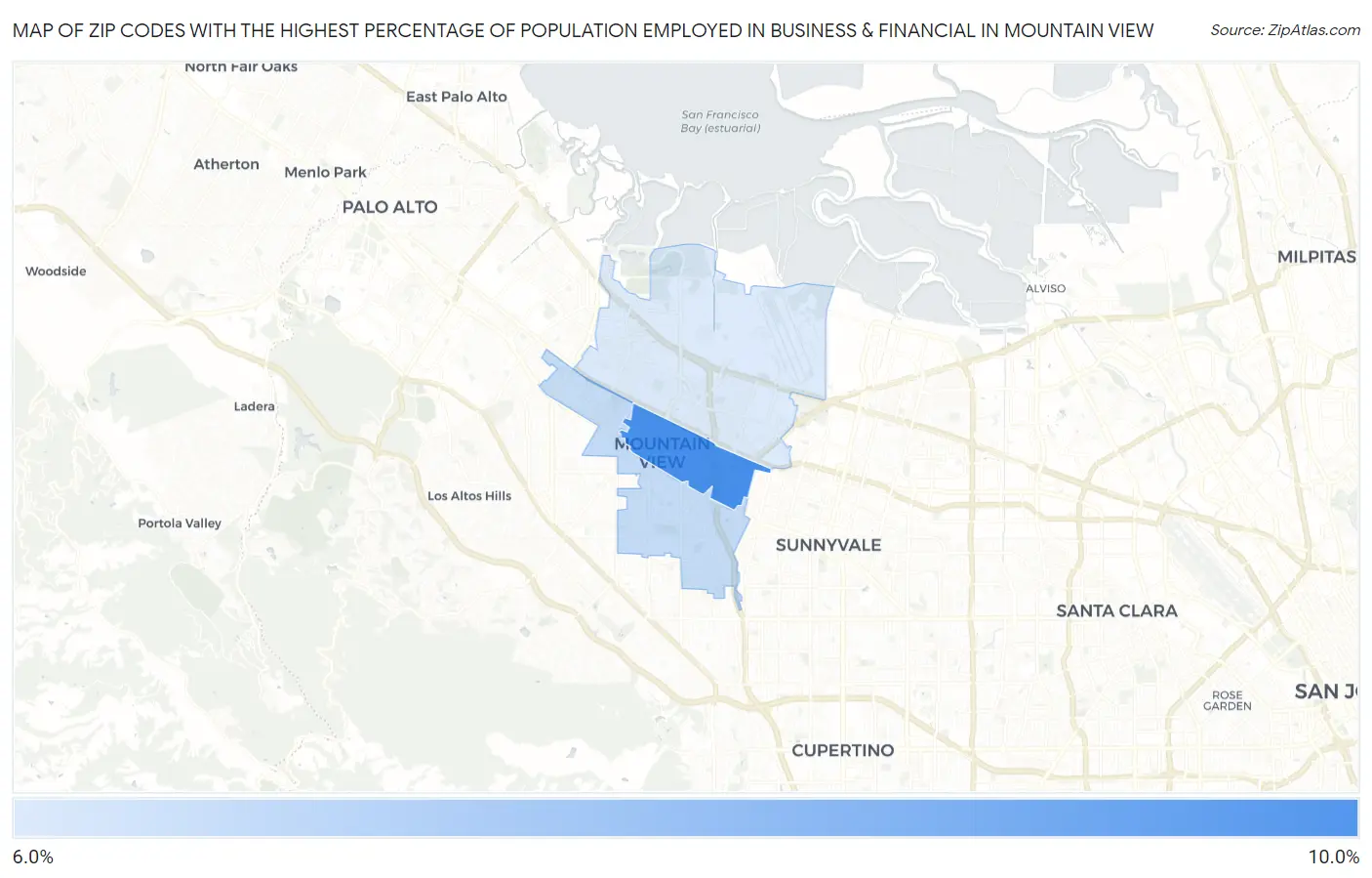 Zip Codes with the Highest Percentage of Population Employed in Business & Financial in Mountain View Map