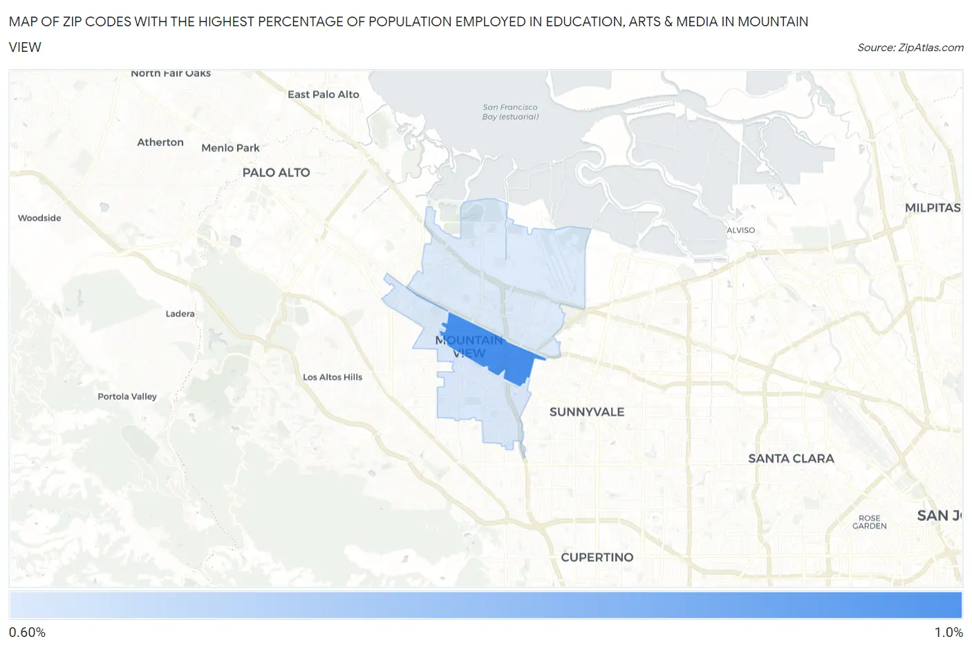 Zip Codes with the Highest Percentage of Population Employed in Education, Arts & Media in Mountain View Map